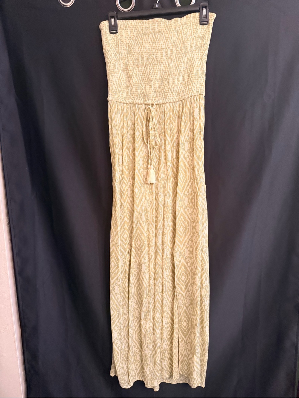 Bila Smocked Strapless Maxi Dress in Light Olive and Cream Size M